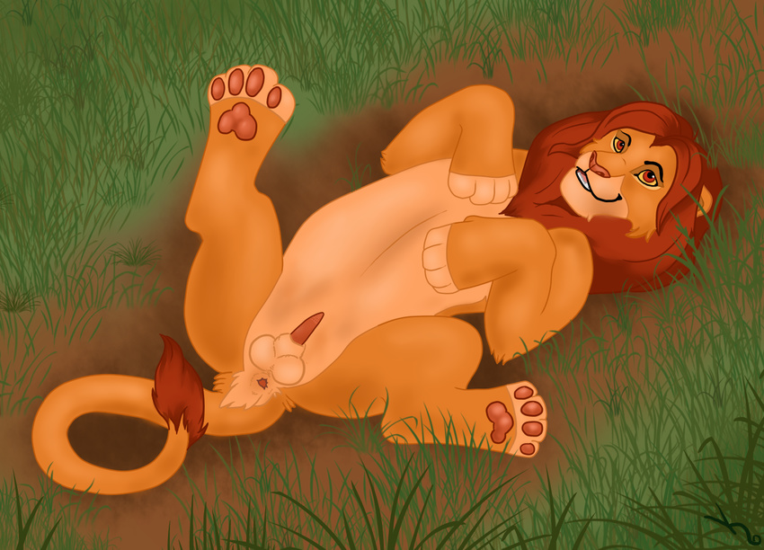 anatomically_correct anus balls disney erection feline feral grass hindpaw krazinik legs_up lion lying male mammal nude on_back outside paws penis presenting sheath simba soles solo spread_legs spreading the_lion_king toes