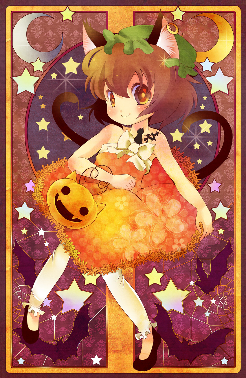 alternate_costume animal_ears bare_arms bare_shoulders bat blush bow brown_eyes brown_hair card cat_ears cat_tail chen crescent dress ear_piercing earrings floral_print halloween hat highres jack-o'-lantern jewelry looking_at_viewer multiple_tails nekomata pants pants_under_dress piercing pumpkin short_hair single_earring smile solo star strapless strapless_dress tail takamoto_akisa tattoo touhou yellow_dress