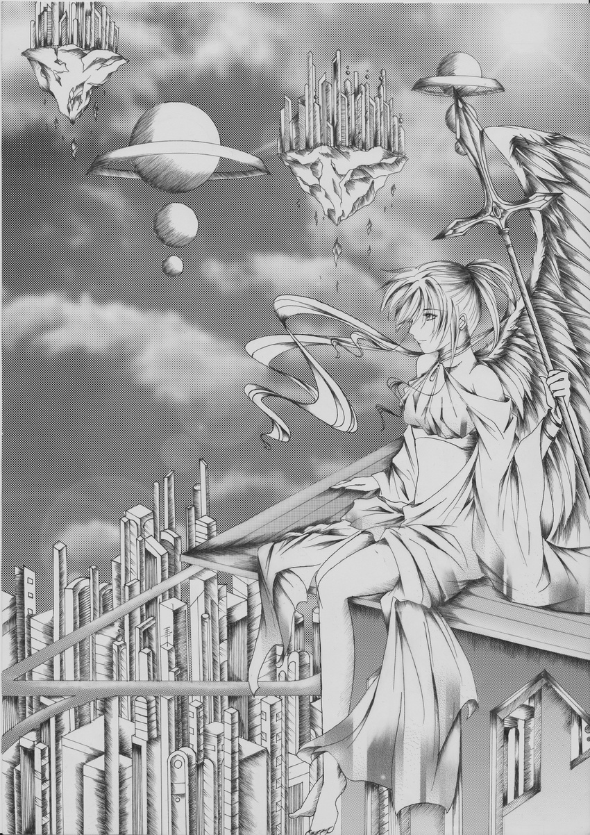 absurdres angel angel_wings bare_shoulders barefoot building choker city fantasy floating_city from_above graphite_(medium) greyscale halftone highres lens_flare long_hair midriff monochrome nib_pen_(medium) original planet polearm ponytail profile rooftop sitting sitting_on_roof solo spear sun sunlight traditional_media weapon wings zion_(zionlibra1009)