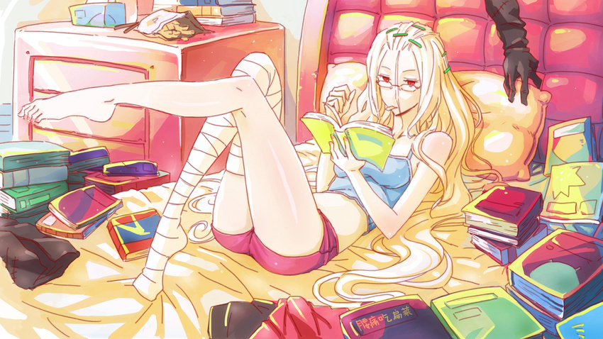 bandages barefoot bed blonde_hair book chest_of_drawers chips food glasses gloves hair_ornament hairclip highres ljs35794 long_hair messy midriff original reading red_eyes shirt single_glove solo