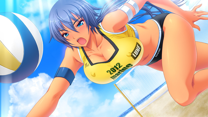 1girl ball bare_shoulders blue_eyes blue_hair breasts cleavage cloud clouds dark_skin erect_nipples game_cg gokkun_athlete!_kyonyuu_medalist_no_oshaburi_kyouka_gasshuku kaoru_route large_breasts long_hair open_mouth outdoors sand sky solo sun thighhighs volleyball water