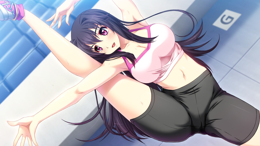 1girl breasts cameltoe cleavage game_cg gokkun_athlete!_kyonyuu_medalist_no_oshaburi_kyouka_gasshuku large_breasts legs_up long_hair mieri_route navel open_mouth pink_eyes purple_hair solo standing thighhighs