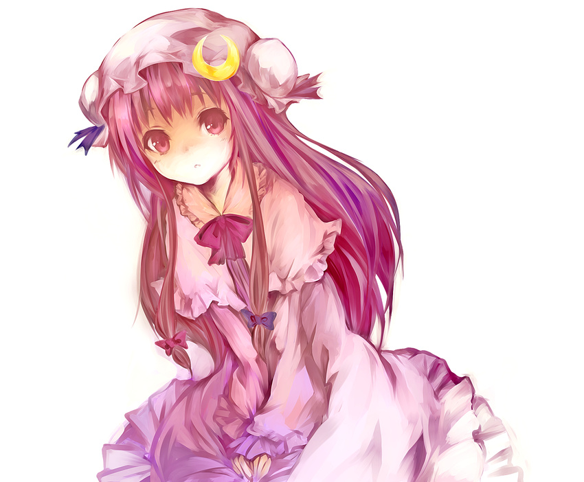 :&lt; bow capelet chagu crescent double_bun dress hair_bow hat highres long_hair looking_at_viewer patchouli_knowledge purple_eyes purple_hair solo touhou v_arms white_background