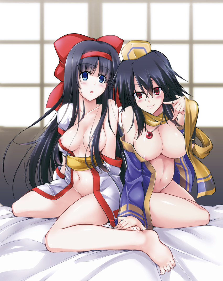 ainu_clothes areola_slip areolae bare_shoulders barefoot bow breasts c.r. cleavage collarbone d: dark_persona dual_persona groin hair_bow hat highres holding_hands jewelry large_breasts long_hair medium_breasts multiple_girls naked_shirt nakoruru navel necklace no_panties off_shoulder open_clothes open_mouth pendant red_bow rera samurai_spirits scarf shirt smile take_your_pick very_long_hair