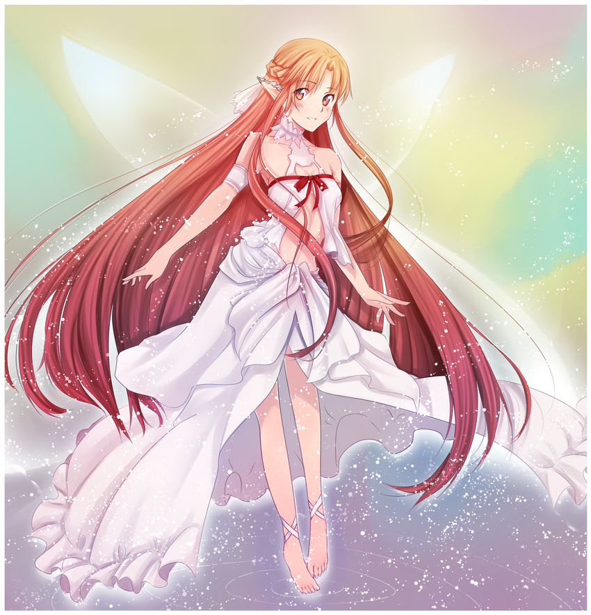 alternate_costume anklet asuna_(sao) barefoot blush breasts brown_eyes brown_hair cleavage dress ear_covers fairy_wings frills full_body highres jewelry long_hair long_legs medium_breasts pointy_ears smile solo sword_art_online titania_(sao) tusia very_long_hair wings