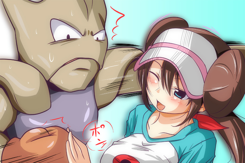 ;d aqua_eyes blush boxing_gloves brown_hair dodging double_bun gen_1_pokemon hitmonchan mei_(pokemon) nishi_koutarou one_eye_closed open_mouth pokemon pokemon_(creature) pokemon_(game) pokemon_bw2 raglan_sleeves smile twintails visor_cap