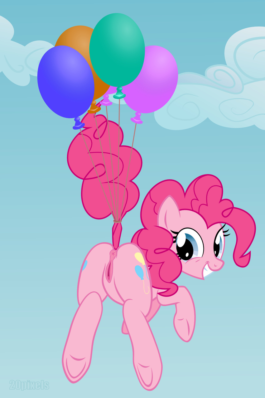 2012 20pixels anus back balloons blue_eyes cutie_mark equine female flying friendship_is_magic hair horse looking looking_at_viewer my_little_pony pink_hair pinkie_pie_(mlp) pussy sky solo