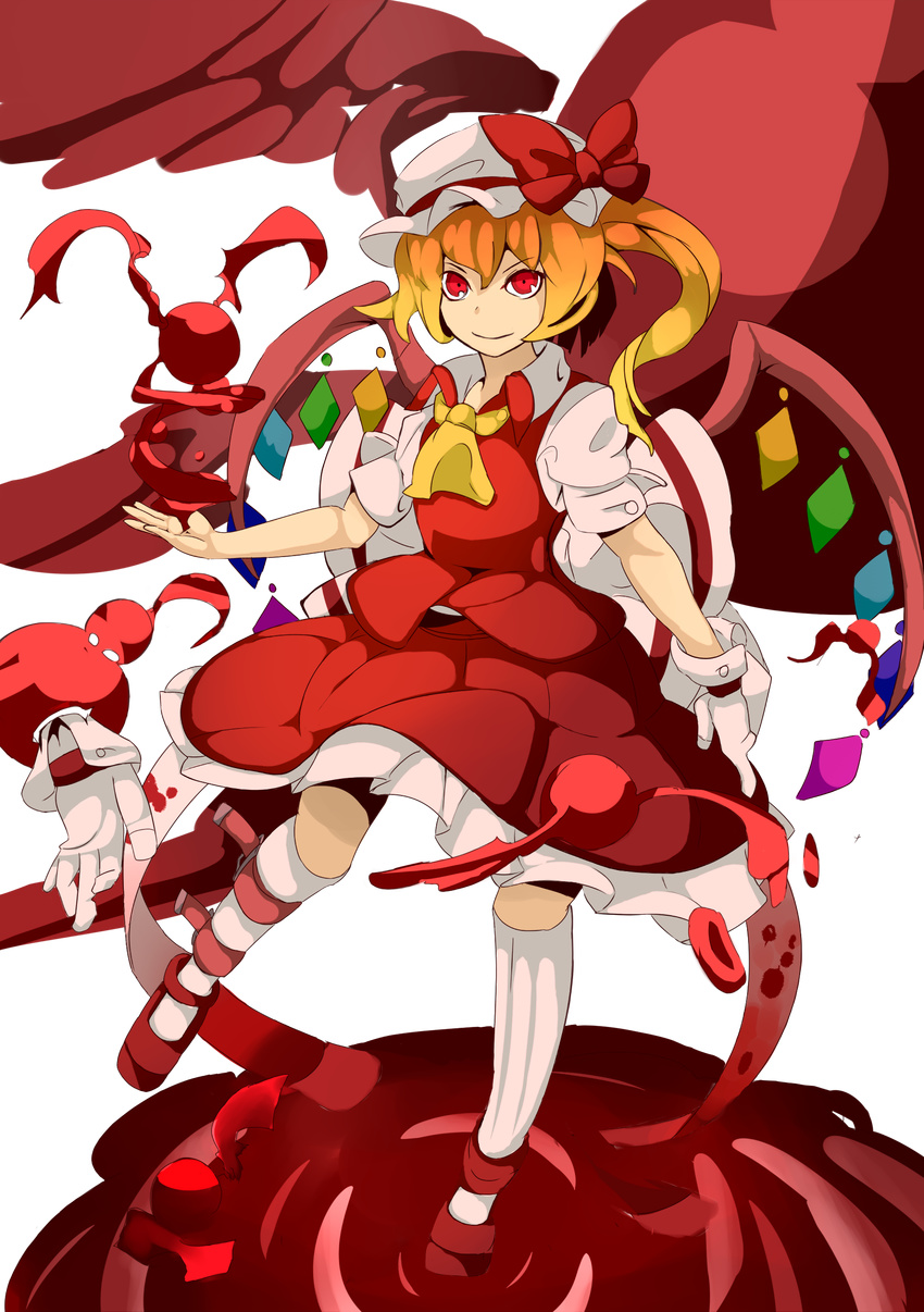 absurdres adnod ascot bad_id bad_pixiv_id belt blonde_hair collared_shirt flandre_scarlet gloves hat highres mob_cap red_eyes red_skirt shirt single_glove skirt smile socks solo touhou wings