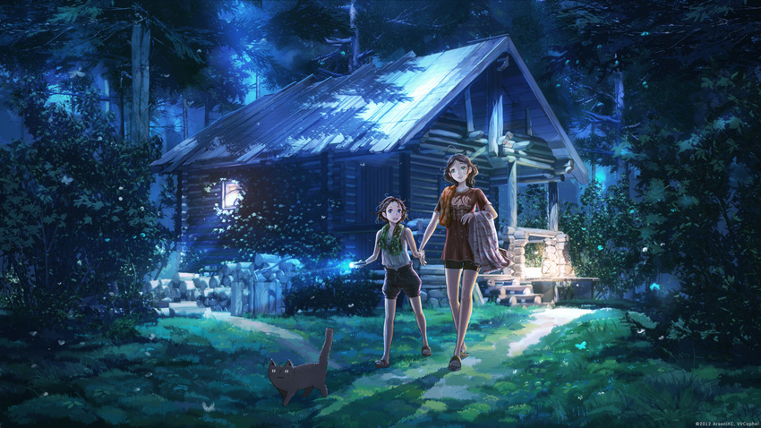 age_difference ahoge animal_ears arsenixc artist_name bare_legs bike_shorts black_cat blue blue_eyes blush brown_hair bug butterfly cat collaboration fictional_persona flashlight flat_chest flip-flops forest grass highres holding_hands house insect lantern lights long_hair md5_mismatch midriff multiple_girls nature night open_mouth original pumpkin_pants revision sandals scenery shadow shirt short_hair shorts smile sparkle t-shirt towel towel_around_neck tree tree_shade vvcephei walking wet wet_hair
