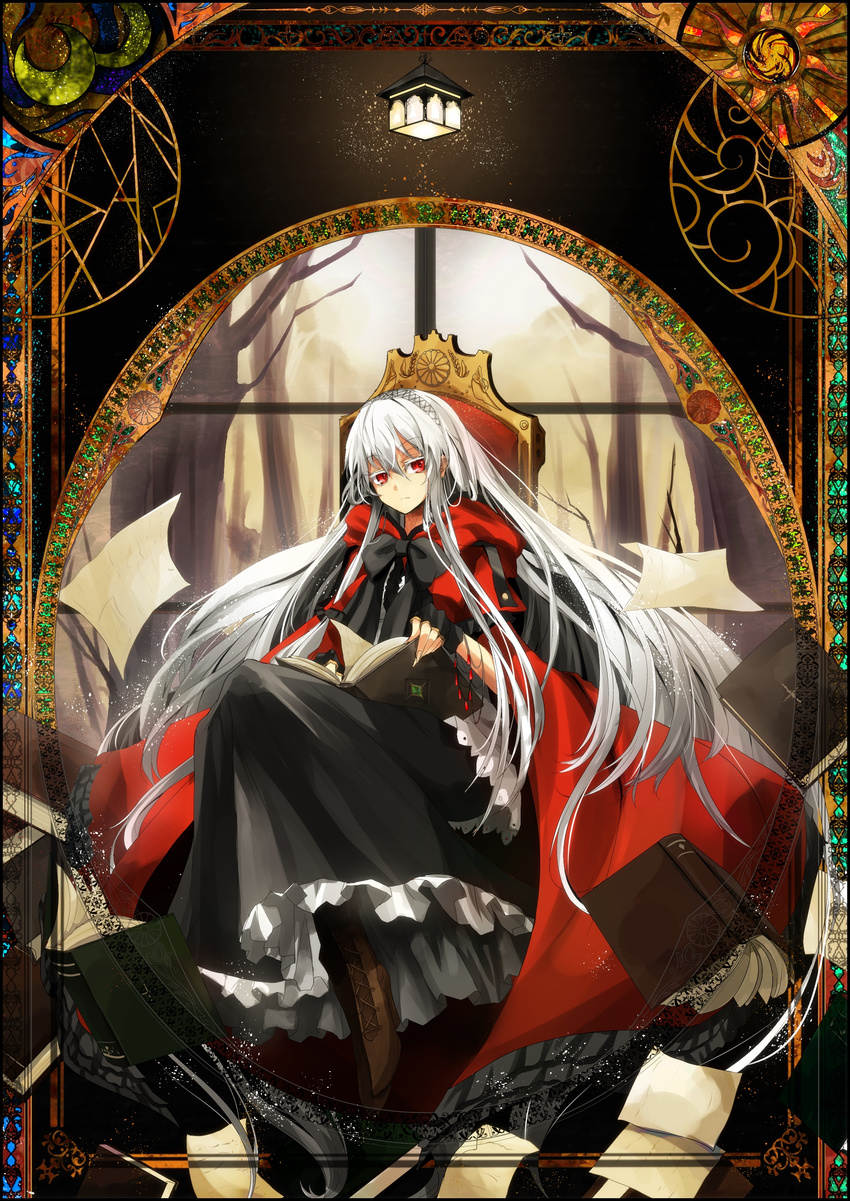 absurdres bad_id bad_pixiv_id book boots border bow bracelet chair cloak colored_eyelashes dress fingerless_gloves gloves hairband high_heels highres hood hood_down jewelry lantern long_hair looking_at_viewer miruto_netsuki original reading red_eyes shoes sidelocks silver_hair solo tree window