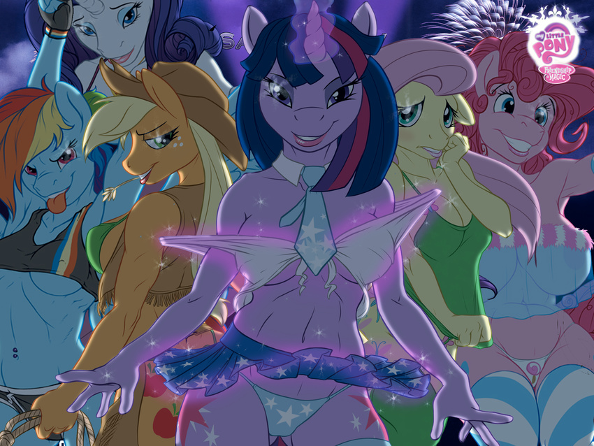2012 absurd_res anthro anthrofied applejack_(mlp) areola blue_eyes blue_fur blush clothed clothing cutie_mark equine erect_nipples female fingerless_gloves fluttershy_(mlp) freckles friendship_is_magic fur gloves group hair hi_res horn horse magic mammal multi-colored_hair my_little_pony necktie nipples panties pegasus pink_fur pink_hair pinkie_pie_(mlp) pony purple_eyes purple_fur purple_hair rainbow_dash_(mlp) rainbow_hair rarity_(mlp) rope shirt skimpy skirt smile tank_top teasing twilight_sparkle_(mlp) tyelle_niko underwear undressing unicorn wings