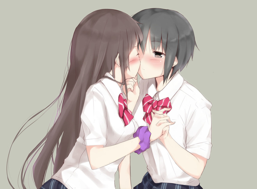 black_eyes black_hair blush bow brown_hair closed_eyes couple dress_shirt grey_background holding_hands kiss long_hair masamuuu multiple_girls original plaid plaid_skirt school_uniform shirt short_hair simple_background sketch skirt white_shirt yuri