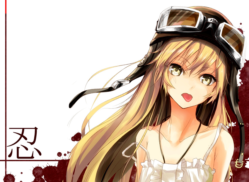 aviator_cap bad_id bad_pixiv_id bakemonogatari blonde_hair blood blood_splatter dress flight_goggles goggles goggles_on_head hat head_tilt highres long_hair miruto_netsuki monogatari_(series) oshino_shinobu solo strap_slip tongue tongue_out yellow_eyes