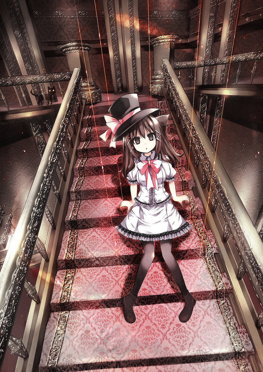 animal_ears bad_id bad_pixiv_id brown_hair cat cat_ears catbell highres long_hair looking_at_viewer original pantyhose solo stairs
