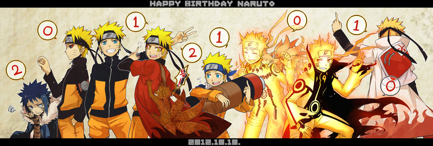 2012 black_hair black_sclera blonde_hair blue_eyes cape dark_persona dated forehead_protector frog_eyes grin happy_birthday highres long_image male male_focus menma_(naruto) multiple_persona naruto naruto:_road_to_ninja naruto_shippuuden smile uzumaki_naruto uzumaki_naruto_(kyuubi_chakra_mode) uzumaki_naruto_(sennin_mode) v wide_image yellow_eyes yosakuh