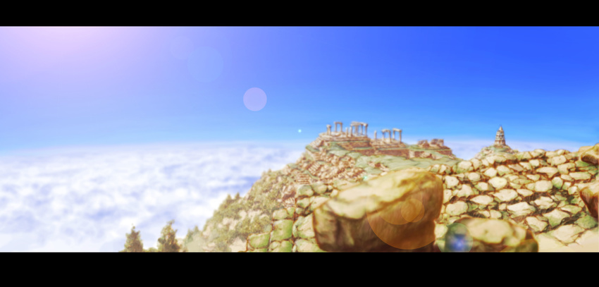 bad_id bad_pixiv_id cloud day highres landscape lens_flare mountain no_humans original ruins scenery sky toyodesigns tree