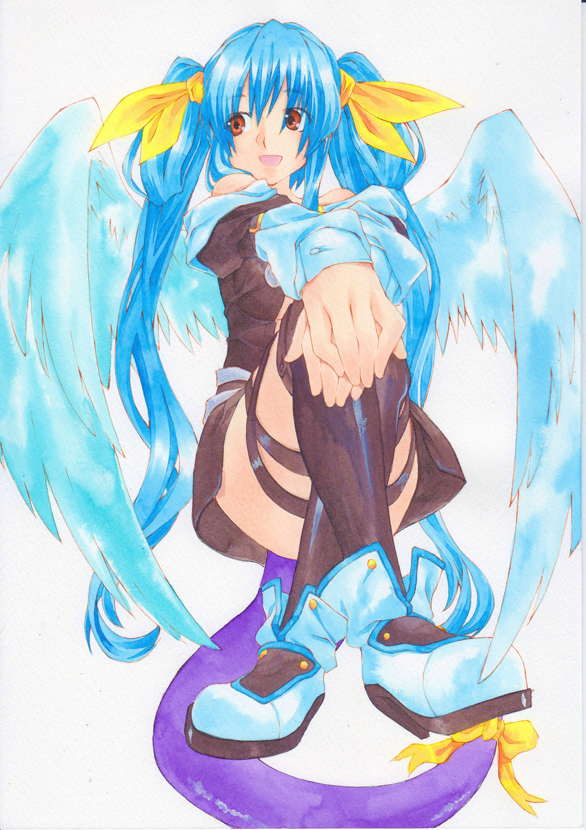 absurdres bare_shoulders blue_hair bow breasts dizzy eisuke_(gobangai_hole_boys) feathers guilty_gear hair_bow highres long_hair medium_breasts open_mouth red_eyes ribbon solo tail tail_ribbon thighhighs twintails very_long_hair wings