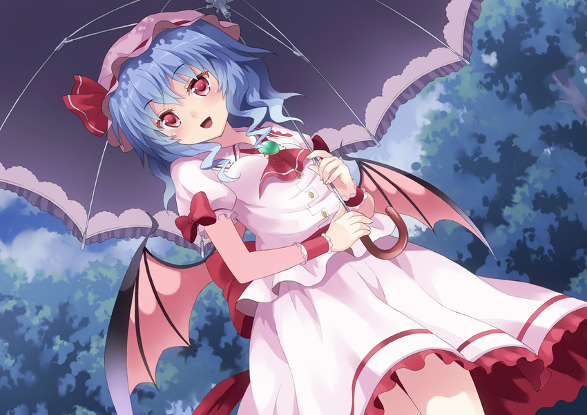 :d bat_wings blue_hair blush hat hat_ribbon holding open_mouth rasahan red_eyes remilia_scarlet ribbon smile solo touhou umbrella wings