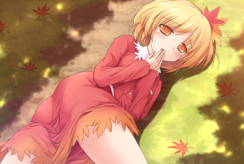 aki_shizuha animated animated_png ass blonde_hair blush covering_mouth dress hair_ornament hand_over_own_mouth highres leaf leaf_hair_ornament lying lzh maple_leaf on_side panties short_hair solo touhou underwear white_panties yellow_eyes