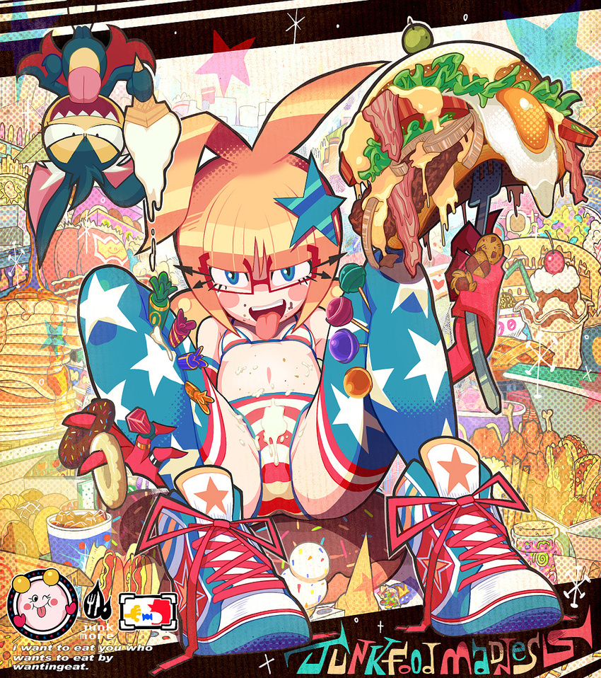 :p american_flag_bikini american_flag_legwear antenna_hair bacon bat between_fingers bikini blonde_hair blue_eyes blue_legwear blush_stickers cake candy checkerboard_cookie cheese cherry chicken_(food) cookie crotch doughnut drinking_straw egg elbow_gloves engrish fast_food flag_print flat_chest food food_on_body food_on_clothes food_on_face fork fried_chicken fruit gashi-gashi glasses gloves hair_ornament halftone hamburger highres hot_dog ice_cream jelly_bean jewelry komori_(gashi-gashi) lettuce lollipop lying navel olive on_back onion open_mouth original pancake pie print_legwear ranguage red-framed_eyewear red_gloves ring sayaka-chan_(gashi-gashi) semi-rimless_eyewear shoes sneakers solo star star_print striped striped_bikini striped_swimsuit sundae sunny_side_up_egg swimsuit taco thighhighs tomato tongue tongue_out