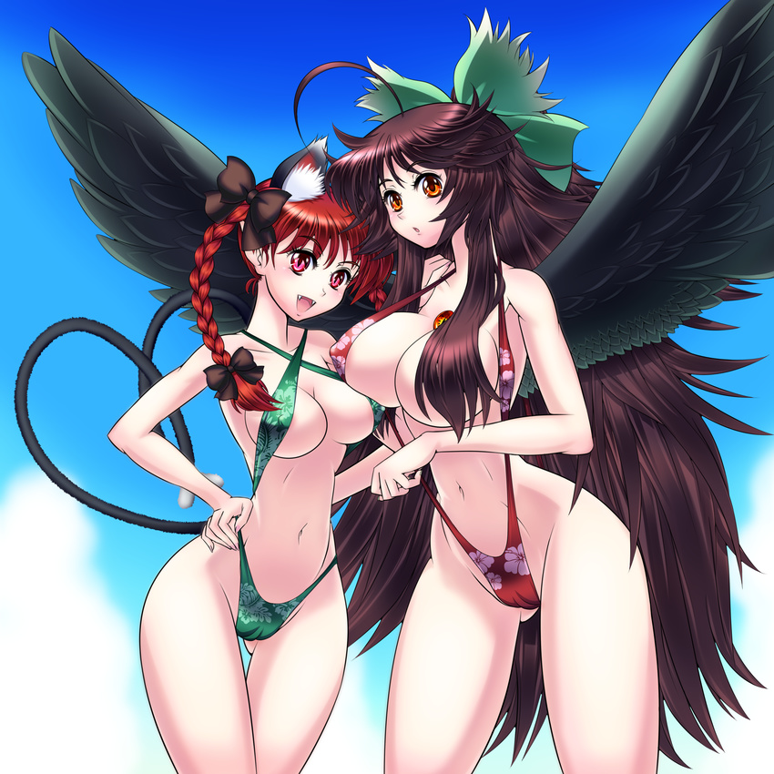 absurdres ahoge animal_ears bikini bow braid breasts brown_hair cat_ears cat_tail censored cloud convenient_censoring day fangs hair_bow highleg highleg_bikini highleg_swimsuit highres kaenbyou_rin large_breasts long_hair looking_at_viewer md5_mismatch multiple_girls multiple_tails open_mouth orange_eyes raionsan red_eyes red_hair reiuji_utsuho sky slingshot_swimsuit swimsuit tail touhou twin_braids wardrobe_malfunction wide_hips wings