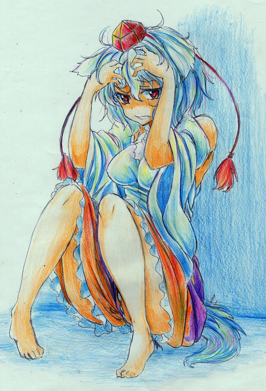 absurdres animal_ears barefoot colored_pencil_(medium) detached_sleeves feet hat highres inubashiri_momiji kitazinger legs red_eyes short_hair solo tail tokin_hat touhou traditional_media wolf_ears wolf_tail