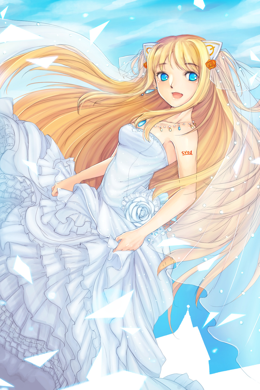 animal_ears bare_shoulders blonde_hair blue_eyes dress fake_animal_ears hair_ornament highres long_hair momyan open_mouth seeu smile solo veil very_long_hair vocaloid white_dress