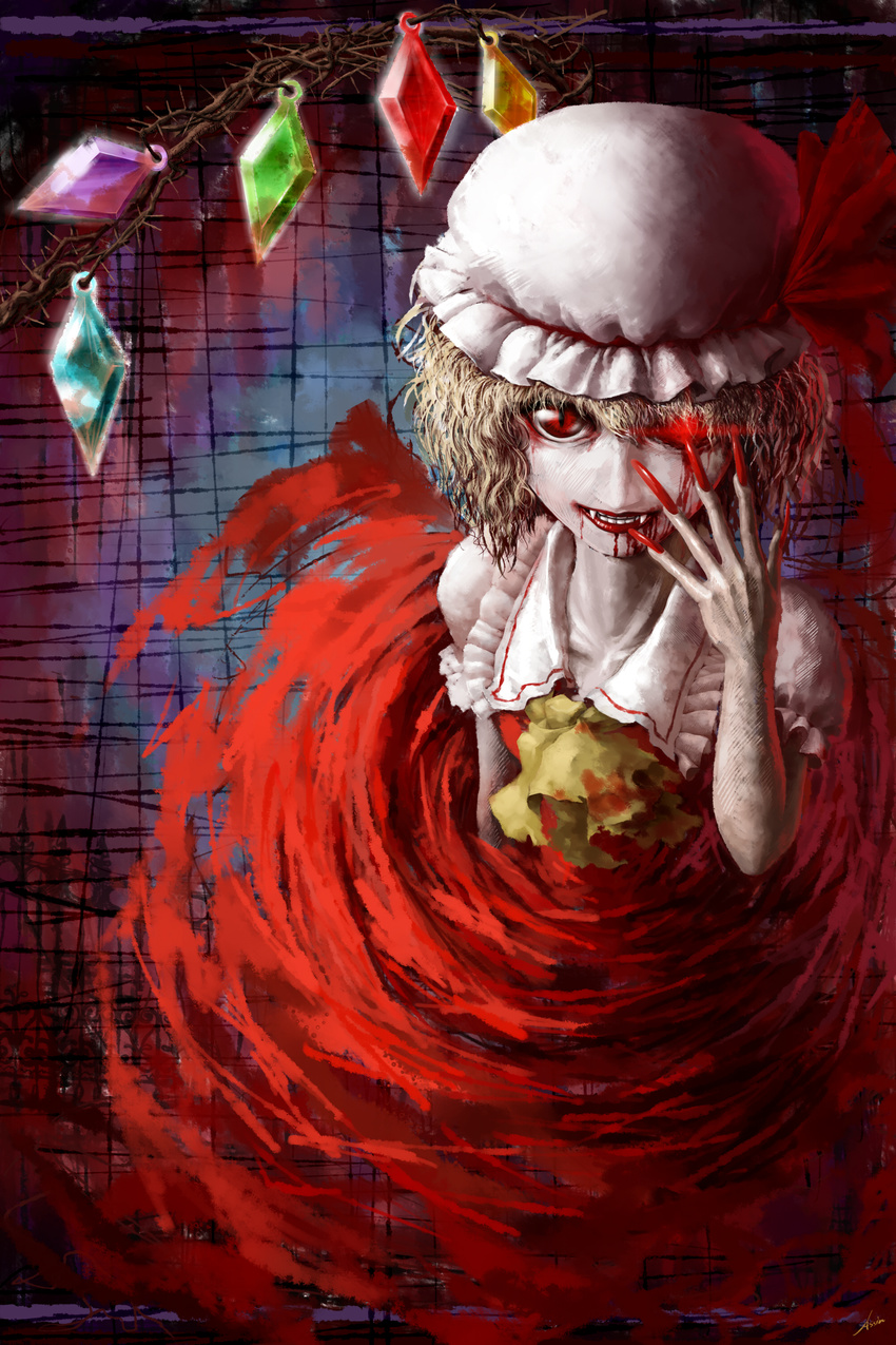 absurdres ascot assin bad_id bad_pixiv_id blonde_hair blood blood_in_mouth blood_on_face fangs fingernails flandre_scarlet glowing glowing_eye hat hat_ribbon highres long_fingernails red_eyes ribbon short_hair short_sleeves slit_pupils solo touhou vampire wings