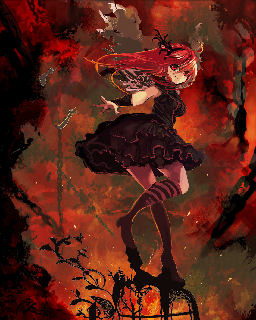 ahoge bad_id bad_pixiv_id chain copyright_request dress feathers frilled_dress frills hahaha_(hohoho) hairband highres leg_up long_hair looking_back nail_polish red_eyes red_hair solo wings wrist_cuffs