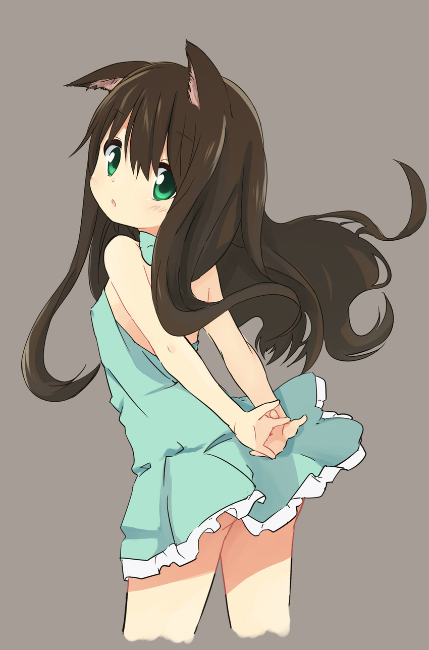 animal_ears arms_behind_back ass bare_shoulders breasts brown_hair cat_ears covered_nipples cropped_legs dress green_eyes grey_background highres looking_back no_panties original pan_koujou parted_lips simple_background small_breasts solo standing v_arms