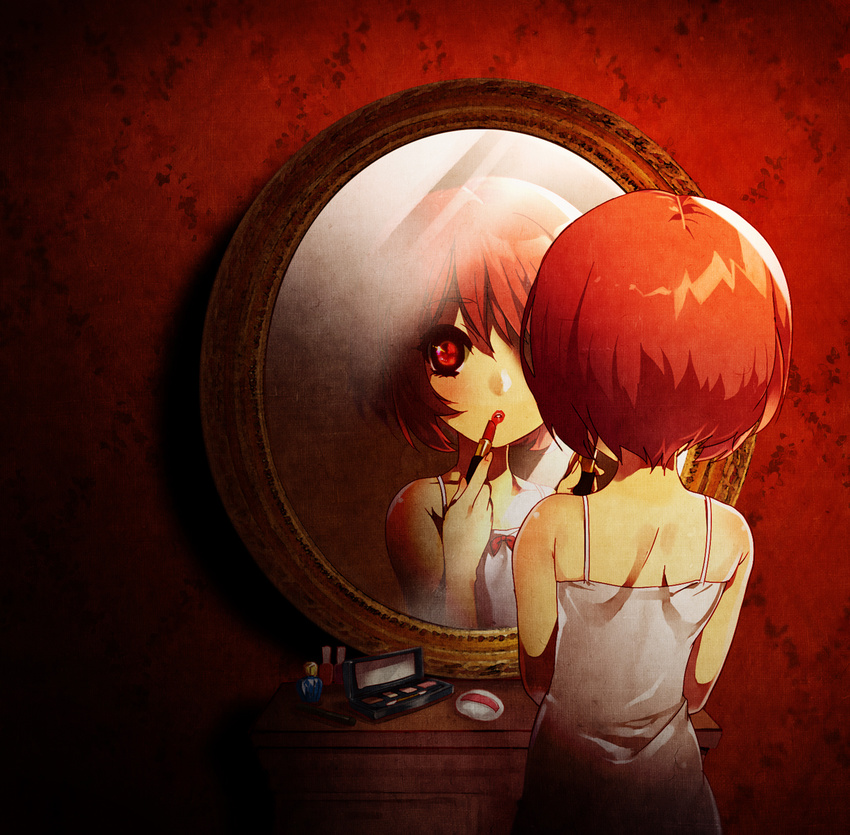 1girl androgynous applying_makeup bare_shoulders blush brown_hair crossdressing from_behind lips lipstick makeup mirror nightgown original ot-nm red_eyes red_hair red_lips reflection ribbon short_hair solo
