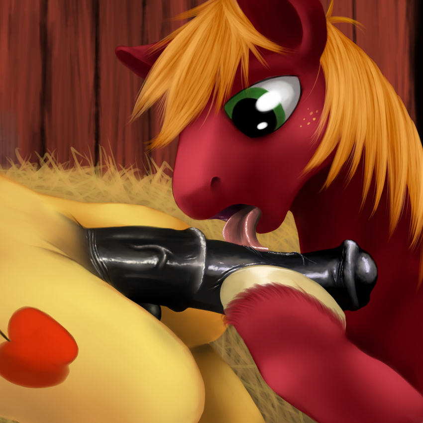balls big_macintosh_(mlp) black_penis braeburn_(mlp) cousins cutie_mark equine erection fellatio feral friendship_is_magic gay hair hay hooves horse horsecock incest licking male mammal my_little_pony nude oral oral_sex penis pony pornography real-photo-finish sex tongue vein