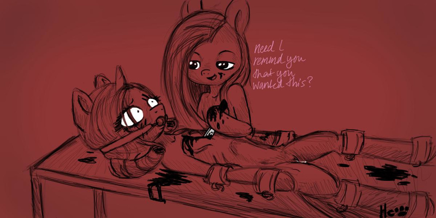 ball_gag bdsm blood bondage bound cuts duo equine female friendship_is_magic gag gore grimdark hannahugs horn horse knife lil_miss_rarity mammal masochism my_little_pony pinkamena_(mlp) pinkie_pie_(mlp) pony pussy rarity_(mlp) restrained torture unicorn