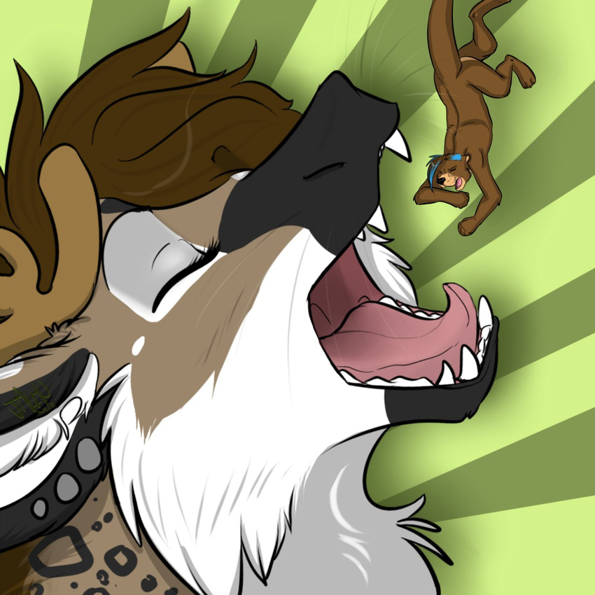 anthro black black_fur brown brown_fur brown_hair female fur hair horn j-a-l-m-u jalmu male mammal micro mustelid nude open_mouth otter paws raised_tail scott_(character) size_difference soft_vore tan teeth tongue vorarephilia vore vore_(soft)
