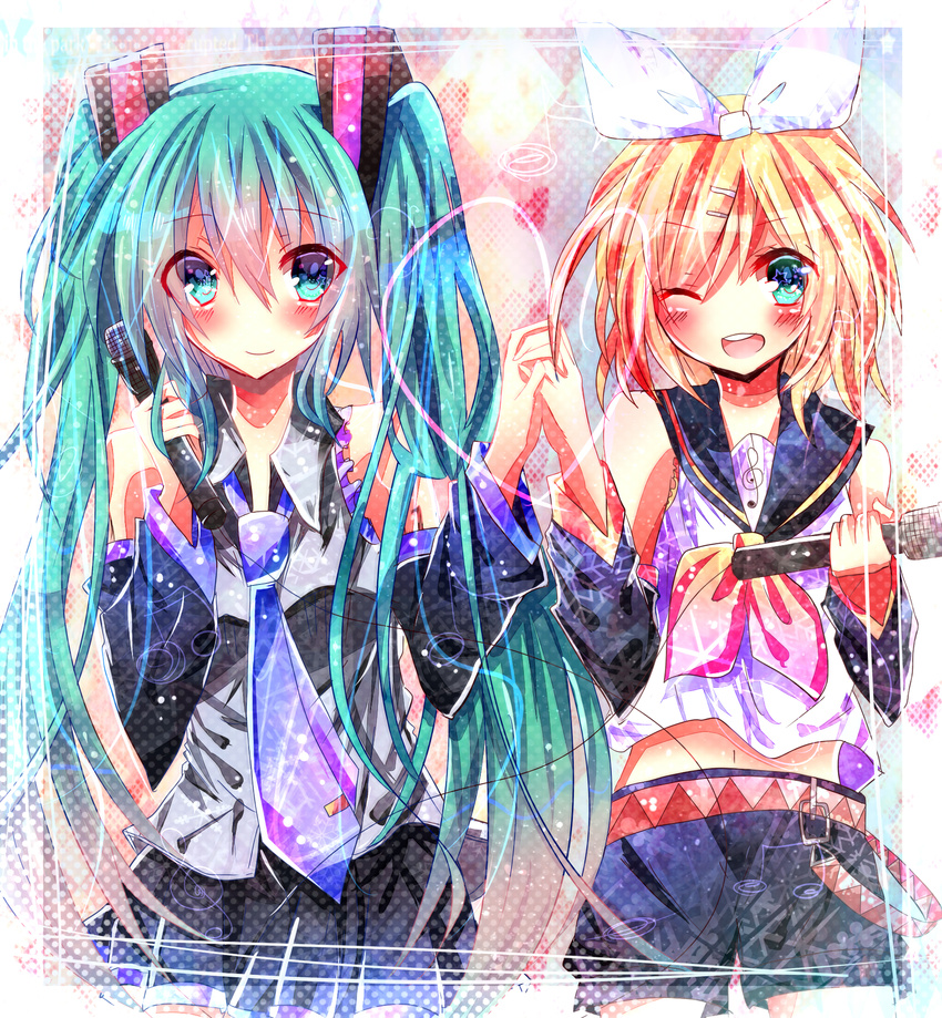 belt blonde_hair blush detached_sleeves green_eyes green_hair hair_ornament hair_ribbon hairclip hatsune_miku highres holding_hands kagamine_rin long_hair microphone multiple_girls musical_note navel necktie one_eye_closed open_mouth potten ribbon skirt smile twintails very_long_hair vocaloid
