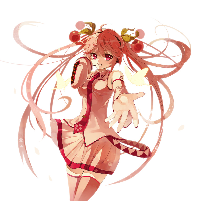 bad_id bad_pixiv_id bug butterfly cherry cherry_hair_ornament detached_sleeves food food_themed_hair_ornament fruit hahaha_(hohoho) hair_ornament hatsune_miku headset highres insect long_hair necktie outstretched_hand pink_eyes pink_hair pink_legwear sakura_miku skirt smile solo symbol-shaped_pupils tattoo thighhighs twintails very_long_hair vocaloid