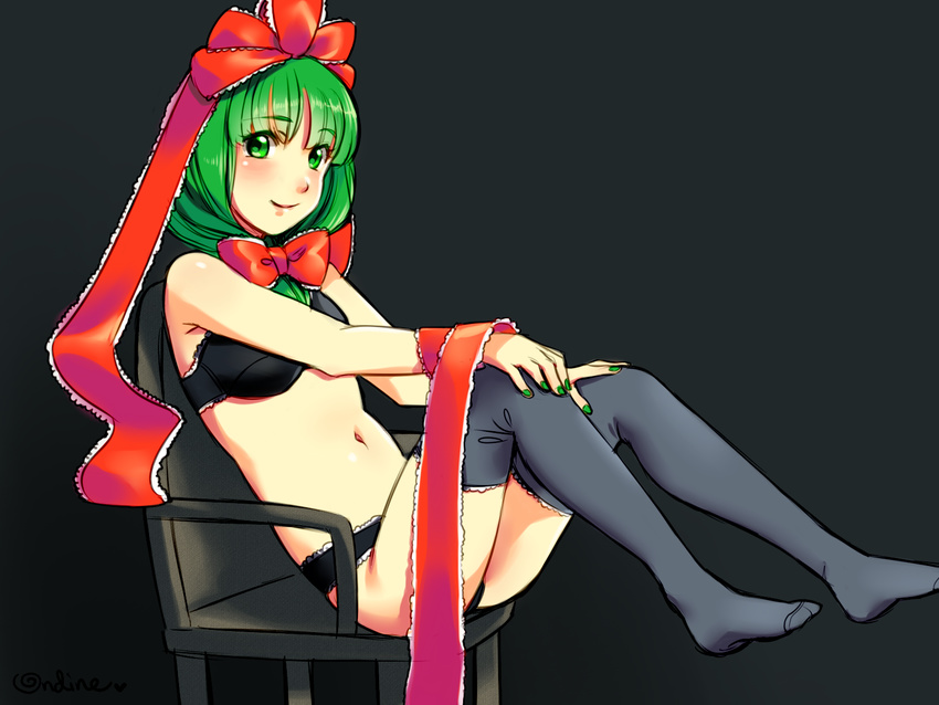 black_bra black_legwear black_panties blush bow bra chair fingernails frills front_ponytail green_eyes green_hair hair_bow hair_ribbon highres kagiyama_hina lace lace-trimmed_bra lace-trimmed_panties lace-trimmed_thighhighs looking_at_viewer magical_ondine nail_polish navel panties ribbon smile solo thighhighs touhou underwear underwear_only