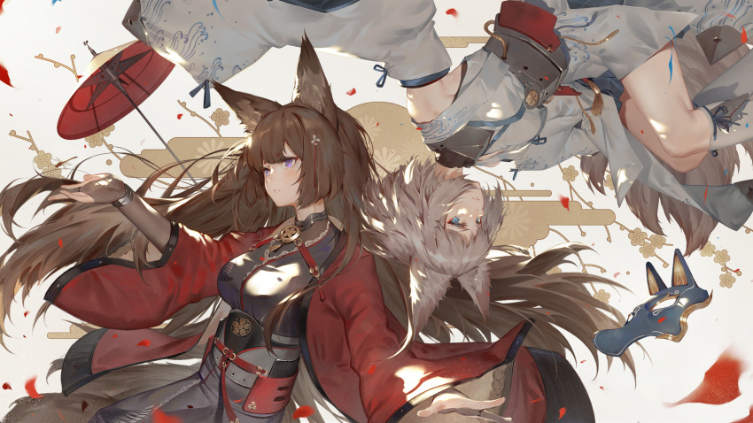 1girl amagi_(azur_lane) animal_ears azur_lane bangs blue_eyes blunt_bangs brown_gloves choker coat eyeshadow fox_ears fox_tail gloves hakama_skirt highres japanese_clothes kaga_(azur_lane) kaga_(battleship)_(azur_lane) kimono long_hair makeup official_art oriental_umbrella purple_eyes red_coat short_hair solo tail toriumi_harumi umbrella white_hair wide_sleeves