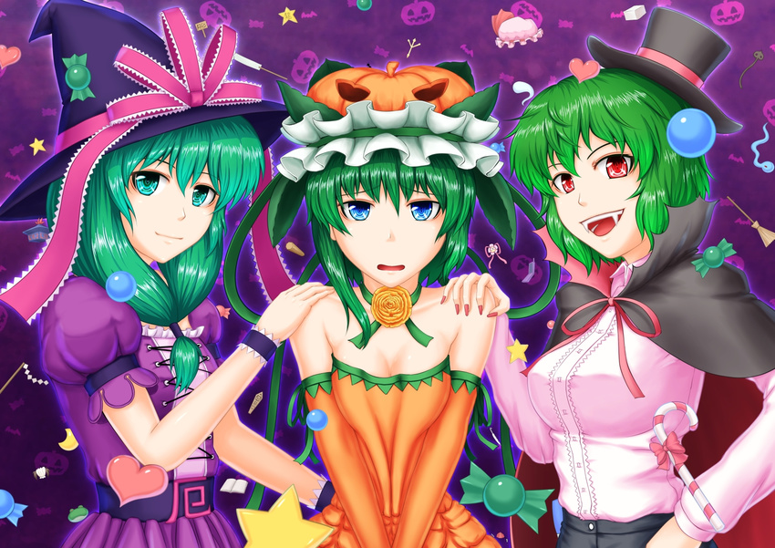 adapted_costume alternate_costume arm_cannon blue_eyes book bow breasts brooch broom candy cape cellphone choker color_connection cosplay crescent dracula dracula_(cosplay) elbow_gloves fangs fingernails food frills frog_hair_ornament front_ponytail ghost gloves gohei green_eyes green_hair hair_color_connection hair_ornament halloween hand_on_shoulder hat hat_bow hat_ribbon heart highres himekaidou_hatate jack-o'-lantern jewelry jewelry_removed kagiyama_hina kazami_yuuka konpaku_youmu_(ghost) laevatein long_hair looking_at_viewer medium_breasts multiple_girls nail_polish nazal onbashira open_mouth phone polearm puffy_sleeves pumpkin red_eyes ribbon rod_of_remorse scallop shiki_eiki short_sleeves smile star tokin_hat touhou trident umbrella vampire weapon witch_hat wrist_cuffs
