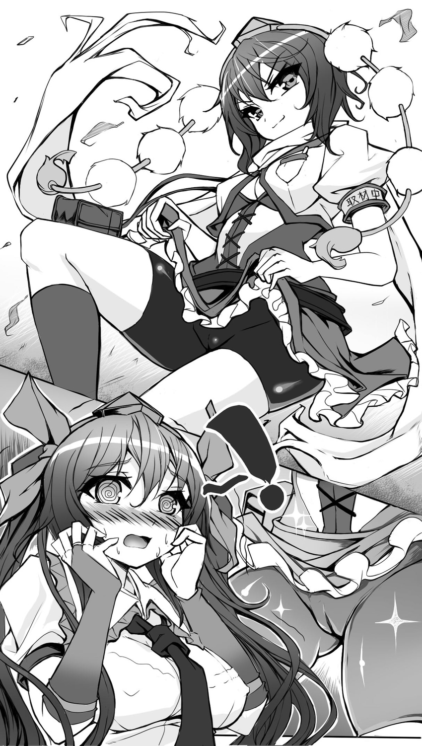 @_@ adapted_costume bike_shorts blush bra breasts bridal_gauntlets cameltoe close-up crotch female_pervert greyscale hair_ribbon hands_on_own_face hat highres himekaidou_hatate large_breasts long_hair medium_breasts monochrome multiple_girls necktie open_mouth panties pervert pom_pom_(clothes) pom_poms pouch pz ribbon see-through shameimaru_aya short_hair shorts shorts_under_skirt skirt smile tokin_hat touhou twintails underwear