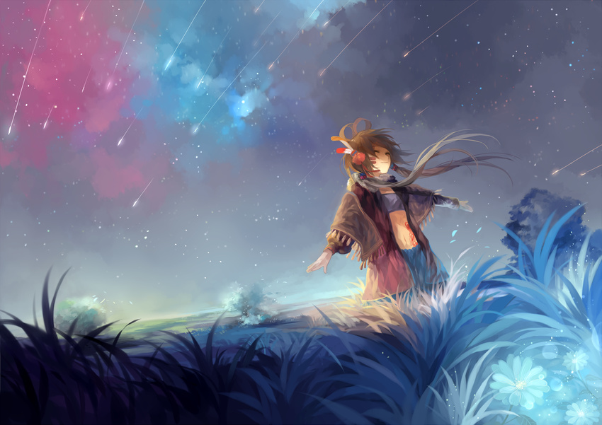 bad_id bad_pixiv_id flower hair_ornament highres luo_tianyi night outstretched_arms shooting_star sky solo star_(sky) tang_elen tattoo vocaloid vocanese