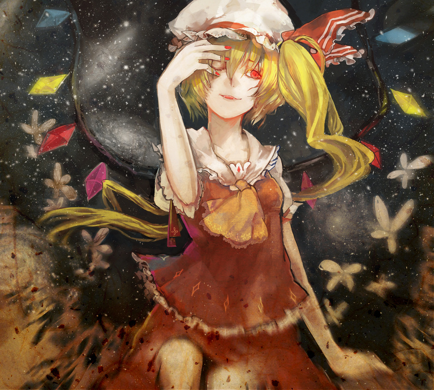 absurdres ascot bad_id bad_pixiv_id blonde_hair bug butterfly fangs flandre_scarlet hand_on_own_face hat highres insect long_hair nibanmachi_wakai one_eye_closed red_eyes side_ponytail skirt skirt_set solo touhou very_long_hair wings