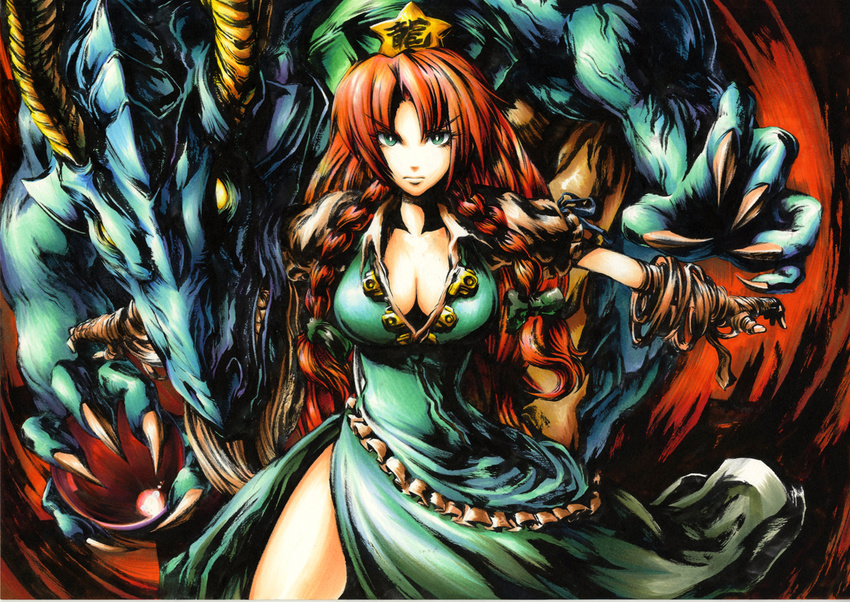 bad_id bad_pixiv_id braid breasts cleavage dragon eastern_dragon gibagiba green_eyes hat hong_meiling horn large_breasts long_hair looking_at_viewer red_hair solo star touhou traditional_media twin_braids