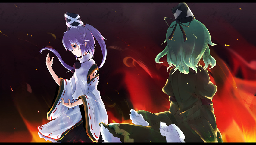 blue_eyes fire from_behind green_hair hat highres japanese_clothes letterboxed long_hair mononobe_no_futo multiple_girls ponytail rihito_(usazukin) silver_hair soga_no_tojiko tate_eboshi touhou