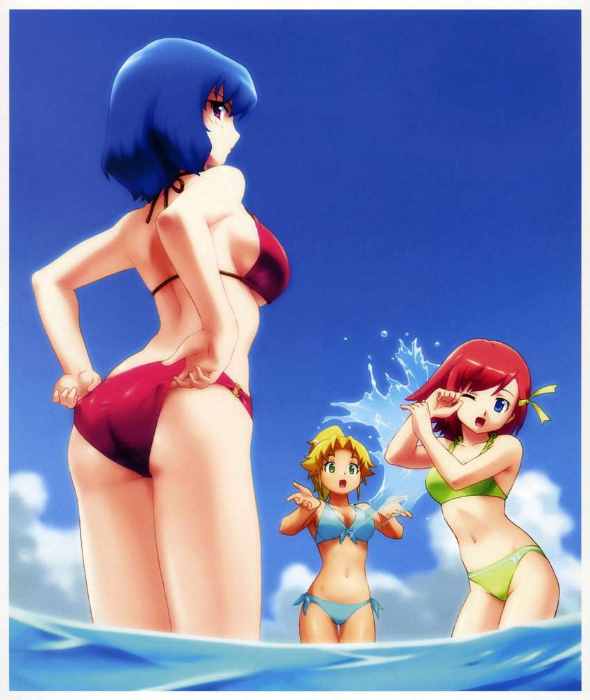 ;d absurdres adjusting_clothes adjusting_swimsuit artist_request bare_shoulders bikini blonde_hair blue_bikini blue_eyes blue_hair blue_sky breasts cleavage day from_below green_bikini green_eyes hair_ribbon highres large_breasts looking_back minisuka_police_2 multiple_girls navel o-ring o-ring_bottom one_eye_closed open_mouth ponytail purple_eyes red_bikini red_hair ribbon scan sideboob sky smile splashing swimsuit wading water
