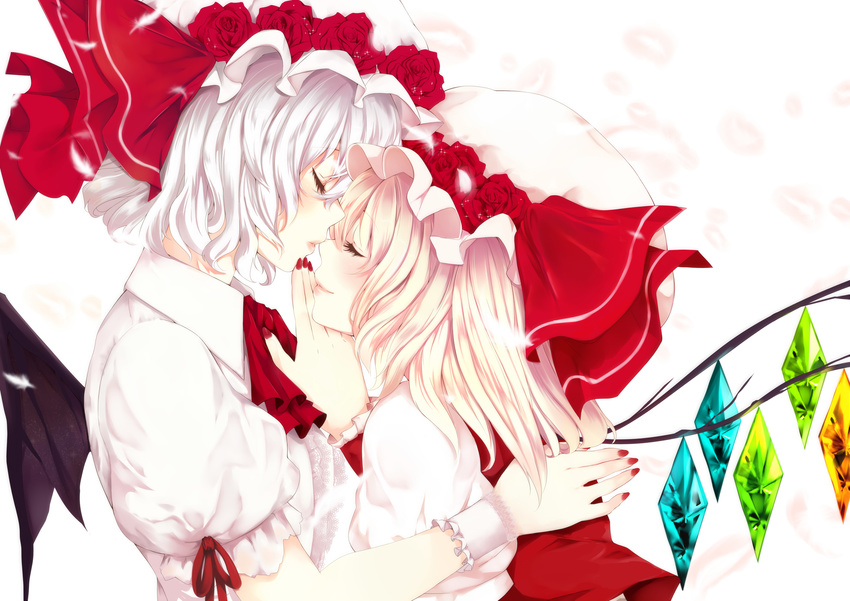 absurdres ascot bat_wings blonde_hair closed_eyes face-to-face flandre_scarlet flower hand_on_another's_chin hat hat_flower hat_ribbon highres kamifanta123 kiss multiple_girls nail_polish nose_kiss puffy_sleeves red_flower red_nails red_rose remilia_scarlet ribbon rose shirt short_hair short_sleeves siblings silver_hair sisters smile touhou wings wrist_cuffs