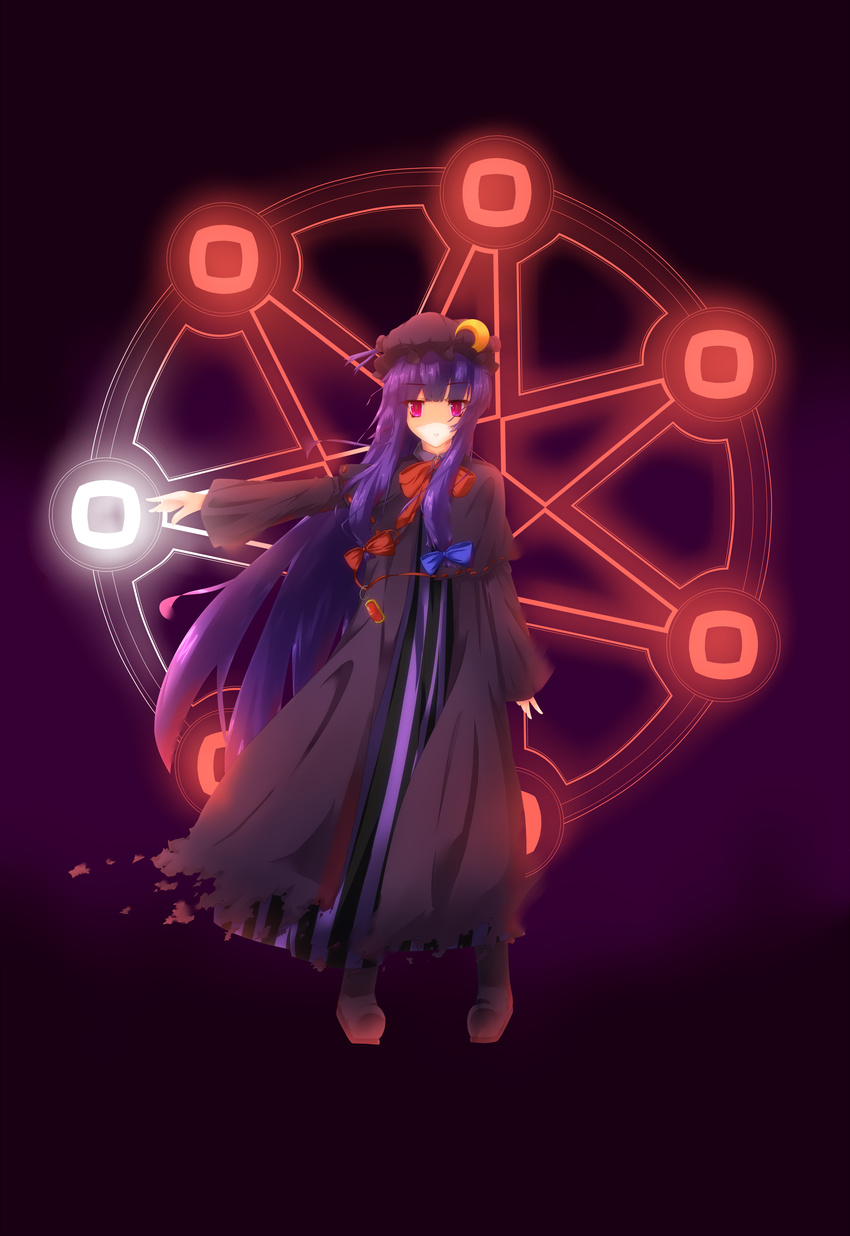 absurdres alternate_color bad_id bad_pixiv_id boots crescent dress frown glowing glowing_eyes hair_ribbon hat highres long_hair magic_circle navi1104 outstretched_arm patchouli_knowledge purple_hair red_eyes ribbon solo touhou