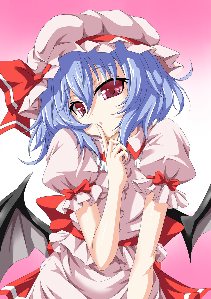 absurdres blue_hair finger_to_mouth hat hat_ribbon highres looking_at_viewer red_eyes remilia_scarlet ribbon short_hair skirt skirt_set solo touhou touhu_(f"riend_coffee) wings