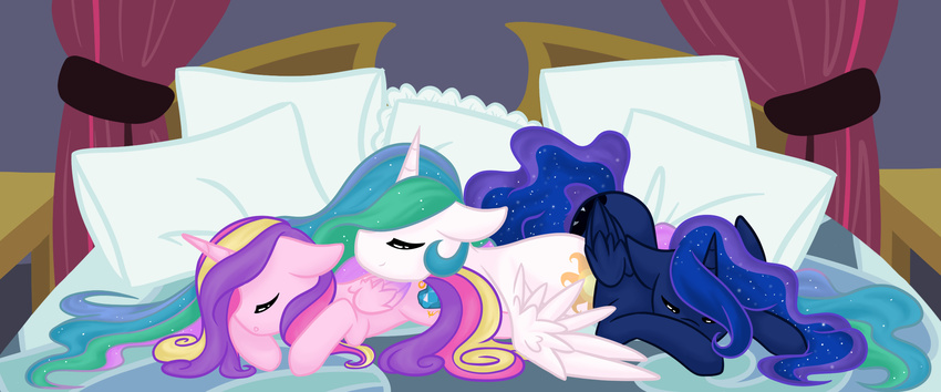 bed blue_hair cute cutie_mark equine eyes_closed female feral friendship_is_magic hair horn horse mammal miss-vani multi-colored_hair my_little_pony pillow pony princess_cadance_(mlp) princess_cadence princess_celestia_(mlp) princess_luna_(mlp) sleeping sparkles winged_unicorn wings