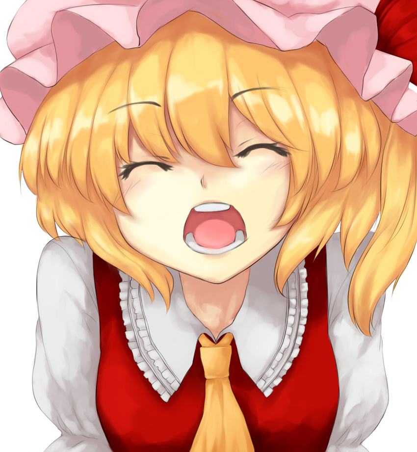 ascot bad_id bad_pixiv_id blonde_hair closed_eyes face flandre_scarlet hat hat_ribbon highres open_mouth ribbon short_sleeves side_ponytail smile solo sudako_(dai011305) touhou white_background